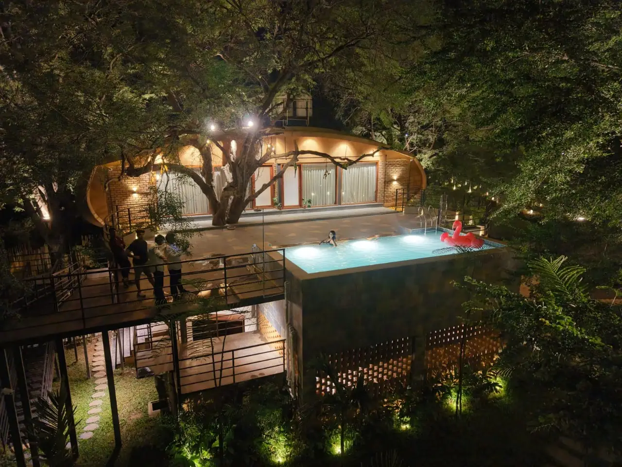 The farmhouse at night at Tamarind Grove, Amdapur, Moinabad