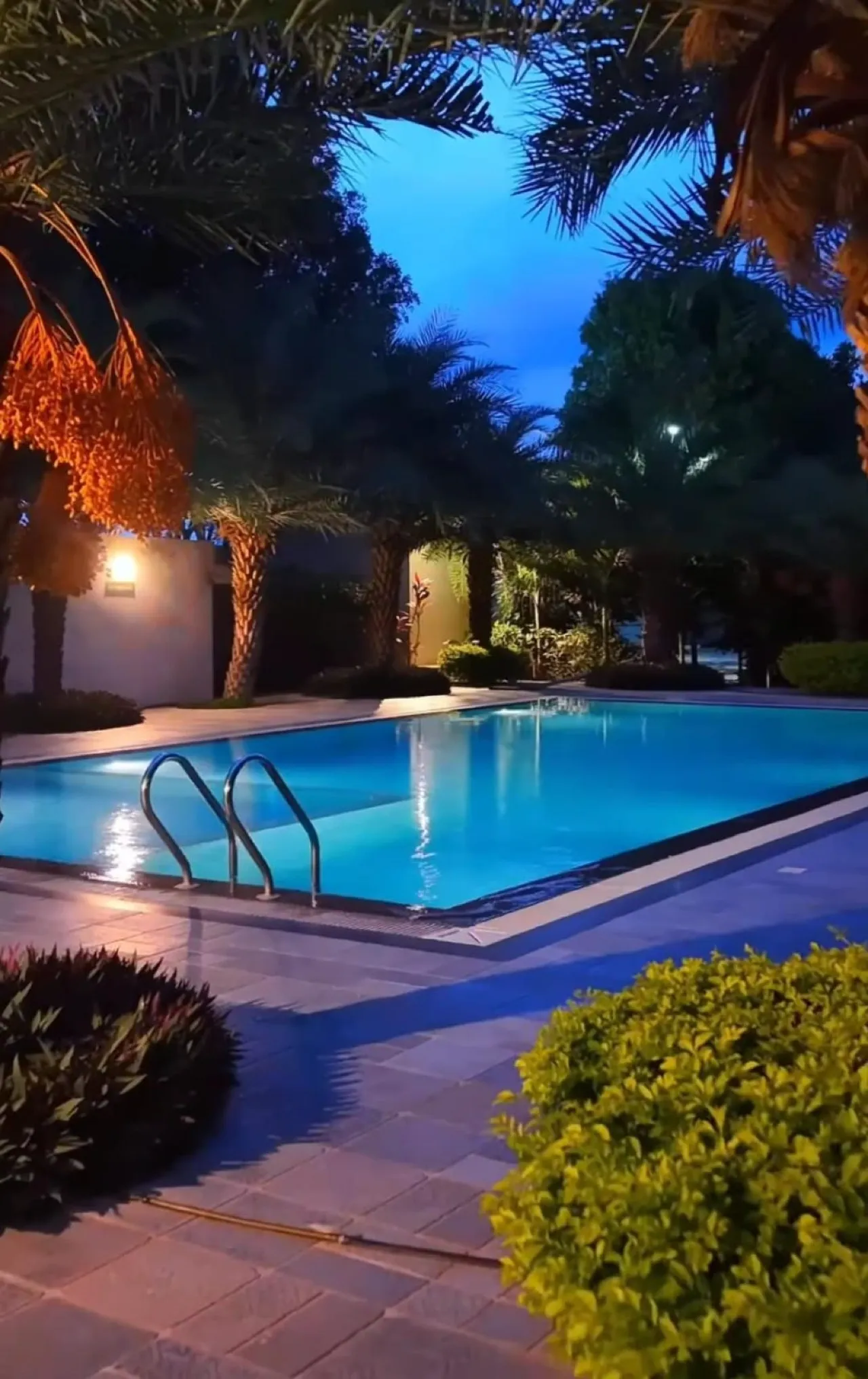 Pool lit up at night at Nature Retreat Convention, Moinabad