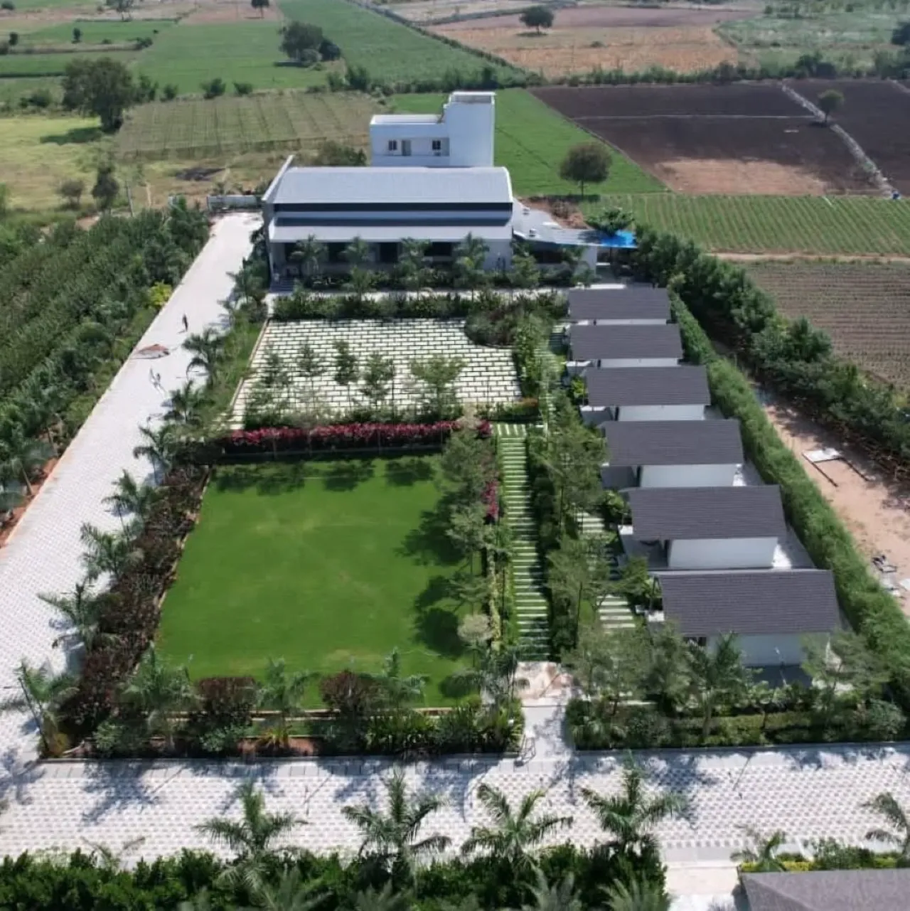 Aerial view of the farmhouse at Nature Retreat Convention, Moinabad