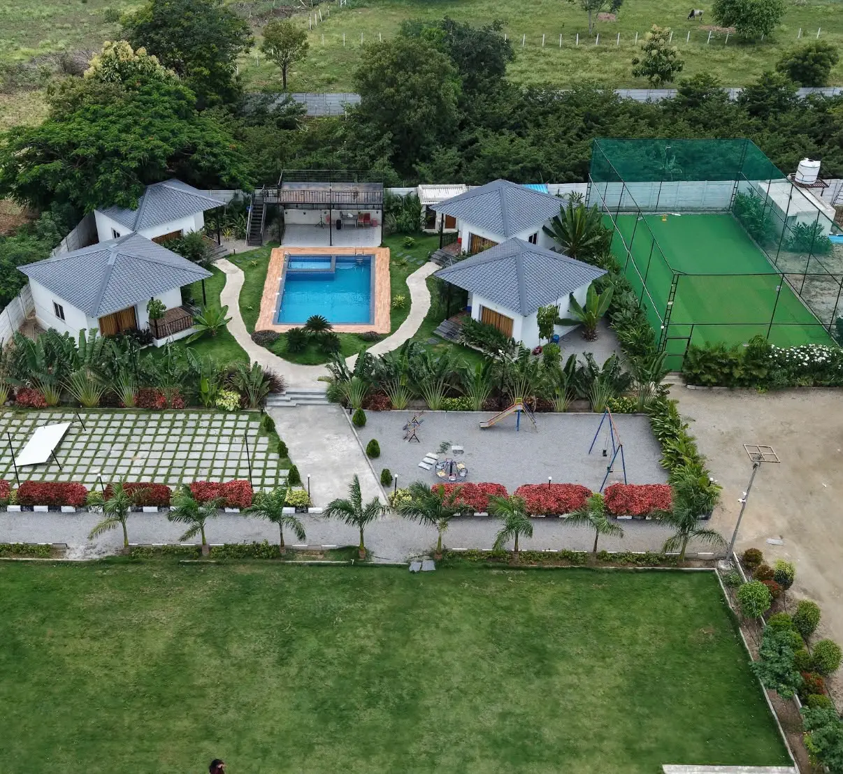 Aerial view of the farmhouse at Melora Grand - Box Cricket, Moinabad